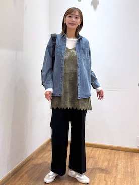 「GLOBAL WORK（グローバルワーク）のシルクブレンドクループルオーバー長袖/1051637（Tシャツ/カットソー、ホワイト系）」を使った、mahokurumaさん（レディース）の秋コーディネート