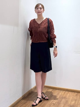 「GLOBAL WORK（グローバルワーク）の2WAYシアーフリンンジカーディガン/1046061（カーディガン/ボレロ、レッド系）」を使った、mahokurumaさん（レディース）の夏コーディネート