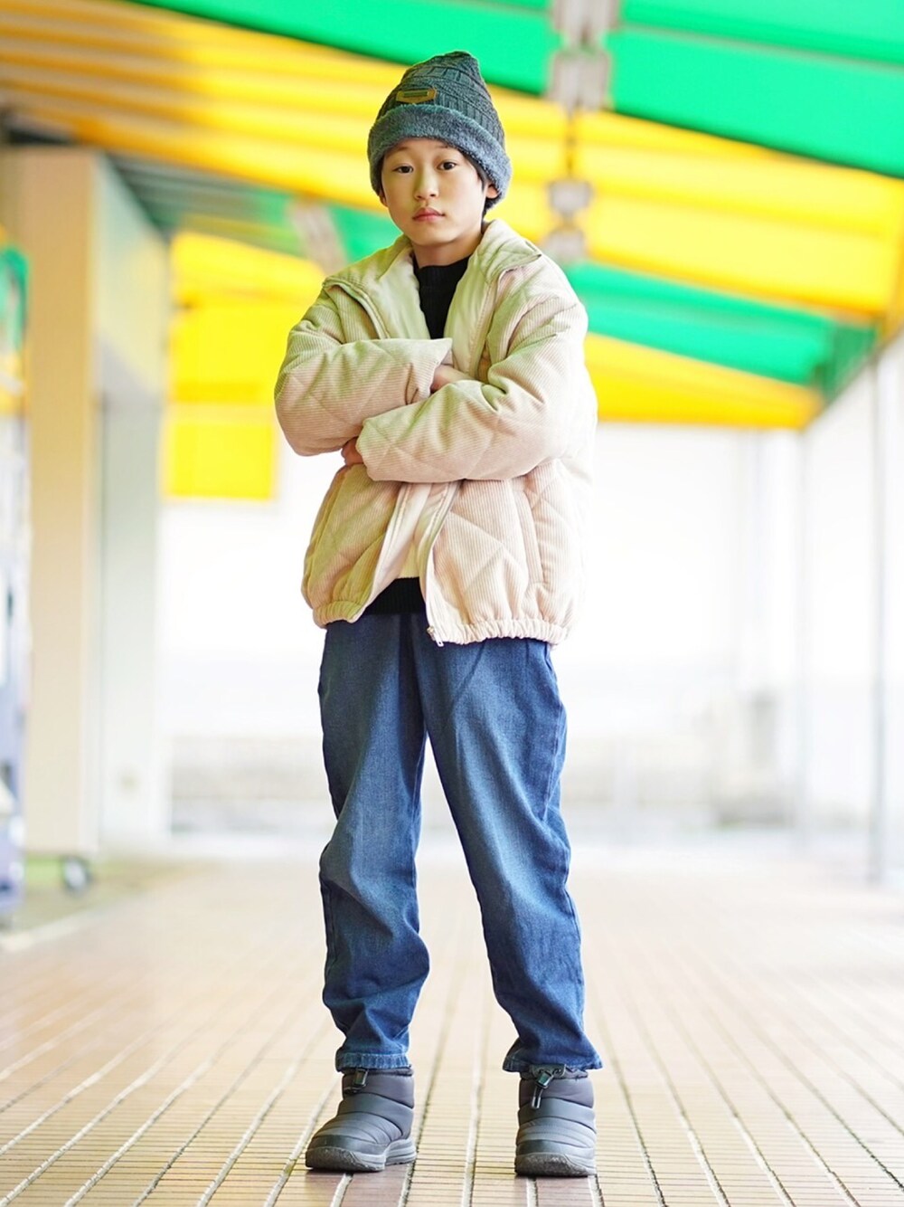 「プチプラ、デニム、春服みてみて」｜「GUのアイテム（デニムパンツ、ブルー系）」を使った、ひろとさん（キッズ・141cm）の冬コーディネートの1枚目の写真