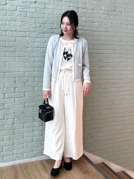 「couture brooch（クチュールブローチ）の【洗える・着映え】SPRING配色カーディガン（カーディガン/ボレロ、グリーン系）」を使った、SHINOさん（レディース・164cm）の春コーディネート