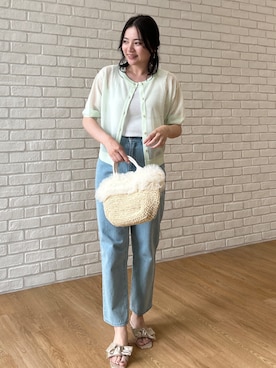 「couture brooch（クチュールブローチ）の【前後2WAY・洗える】愛され5分袖カーディガン（カーディガン/ボレロ、グリーン系）」を使った、SHINOさん（レディース・164cm）の夏コーディネート
