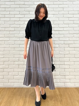 「couture brooch（クチュールブローチ）の大人上品なエンブロレース 5分袖ブラウス【前後2WAY・洗濯機可】（シャツ/ブラウス、ブラック系）」を使った、SHINOさん（レディース・164cm）の夏コーディネート