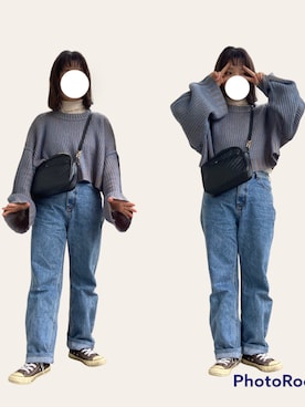 「Birthday room（バースデイルーム）のプレーティングショート丈PO（ニット/セーター、ブルー系）」を使った、miさん（レディース・151cm）の秋コーディネート