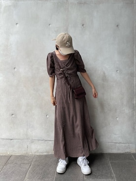 「one after another NICE CLAUP（ワンアフターアナザーナイスクラップ）のアイテム（キャップ）」を使った、miyuuさん（レディース・155cm）の夏コーディネート