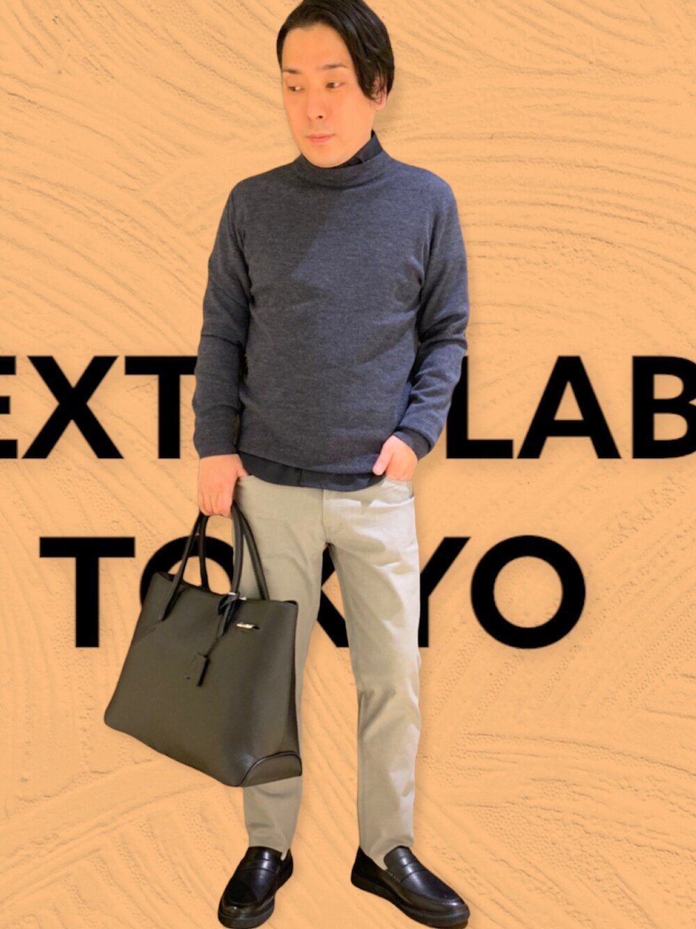 「ブーツ、大人コーデ、キレイめ、シャツスタイル、outfit、はるコーデ、お仕事コーデ、お仕事、ビジネススタイル、ビジネスカジュアル、ビジネス、仕事着、大人カジュアル、セーター、ローファー」｜「TETE HOMMEのアイテム（ニット/セーター、ブルー系）」を使った、extedlabtokyoさん（メンズ・165cm）の冬コーディネートの1枚目の写真