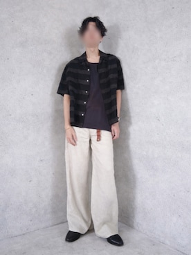 「LIDNM（リドム）のLi/Cu Dobby S/S Shirt
¥ 19,800（シャツ/ブラウス、ブラック系）」を使った、Siyouさん（メンズ・172cm）の夏コーディネート