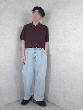 「UNIQLO（ユニクロ）のウォッシャブルスキッパーポロセーター（ポロシャツ、パープル系）」を使った、Siyouさん（メンズ・172cm）の夏コーディネート