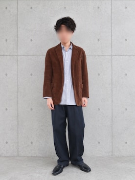 「LIDNM（リドム）のGoat Suede Tailored Jacket（テーラードジャケット、ブラウン系）」を使った、Siyouさん（メンズ・172cm）の秋コーディネート