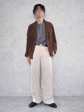 「LIDNM（リドム）のGoat Suede Tailored Jacket（テーラードジャケット、ブラウン系）」を使った、Siyouさん（メンズ・172cm）の秋コーディネート