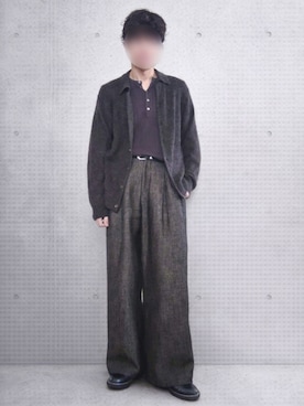 「LIDNM（リドム）のALPACA KNIT SHIRT CARDIGAN（カーディガン/ボレロ、ブラック系）」を使った、Siyouさん（メンズ・172cm）の春コーディネート