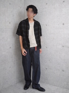「LIDNM（リドム）のLi/Cu Dobby S/S Shirt
¥ 19,800（シャツ/ブラウス、ブラック系）」を使った、Siyouさん（メンズ・172cm）の夏コーディネート