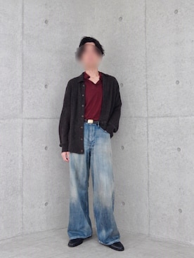 「LIDNM（リドム）のALPACA KNIT SHIRT CARDIGAN（カーディガン/ボレロ、ブラック系）」を使った、Siyouさん（メンズ・172cm）の秋コーディネート
