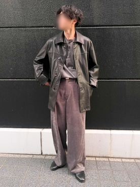 「LIDNM（リドム）のLamb Veg Car Coat
¥ 66,000（ジャケット/アウター、ブラック系）」を使った、Siyouさん（メンズ・172cm）の秋コーディネート