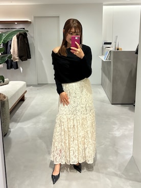 「LOUNGEDRESS（ラウンジドレス）の《着映えトップス》ドレープニット　秋服（ニット/セーター、ブラック系）」を使った、ld_ayakaさん（レディース・154cm）の秋コーディネート