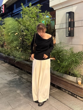 「LOUNGEDRESS（ラウンジドレス）の《着映えトップス》ドレープニット　秋服（ニット/セーター、ブラック系）」を使った、ld_ayakaさん（レディース・154cm）の秋コーディネート