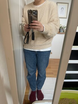 「UNIQLO（ユニクロ）のスーピマコットンクルーネックT（長袖） ＋EC（T Shirts、ホワイト系）」を使った、sakaimanaさん（レディース）の冬コーディネート
