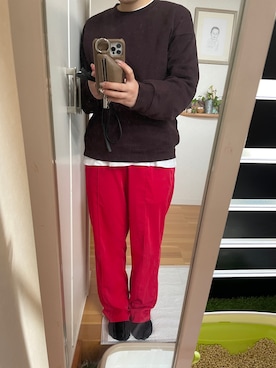 「Auntie Rosa Holiday（アンティローザホリデー）のカラーイージーパンツ（Pants、レッド系）」を使った、sakaimanaさん（レディース）の冬コーディネート