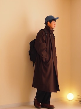 「BEAMS」｜「アイテム（チェスターコート）」を使った、Hanbeさん（メンズ・168cm）の冬コーディネート