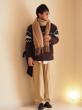 「ブラウンニット」｜「アイテム（パンツ）」を使った、Hanbeさん（メンズ・168cm）の冬コーディネート