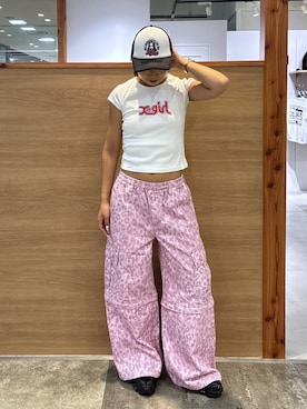 「X-girl（エックスガール）のCHEERFUL LOGO AND FACE TRUCKER CAP（キャップ、ホワイト系）」を使った、ICHIGOさん（レディース・165cm）の夏コーディネート