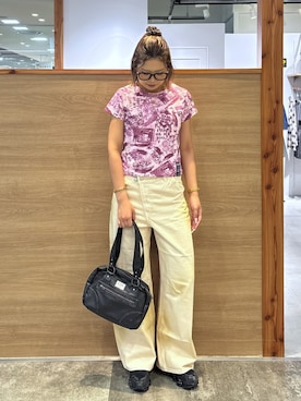 「X-girl（エックスガール）のBRUSHED COLLAGE GRAPHIC S/S BABY TEE（Tシャツ/カットソー、ピンク系）」を使った、ICHIGOさん（レディース・165cm）の夏コーディネート