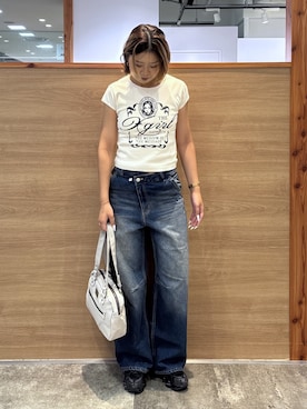 「X-girl（エックスガール）のFADED VICTORIAN FACE S/S BABY TEE（Tシャツ/カットソー、ホワイト系）」を使った、ICHIGOさん（レディース・165cm）の夏コーディネート