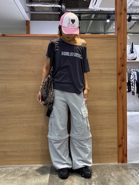 「X-girl（エックスガール）のI LOVE X-GIRL TRUCKER CAP（キャップ、ピンク系）」を使った、ICHIGOさん（レディース・165cm）の夏コーディネート