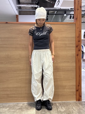「X-girl（エックスガール）のRHINESTONE DECORATIVE SCRIPT LOGO BEANIE（ニットキャップ/ビーニー、ホワイト系）」を使った、ICHIGOさん（レディース・165cm）の夏コーディネート