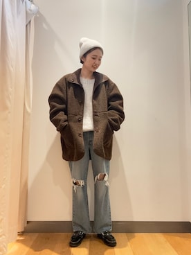 「アイテム（ニットキャップ/ビーニー、グレー系）」を使った、bayaさん（レディース・160cm）の冬コーディネート