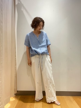「URBAN RESEARCH DOORS（アーバンリサーチドアーズ）のリネンフレンチスリーブドロストブラウス（シャツ/ブラウス、その他）」を使った、ばやさん（レディース・160cm）の夏コーディネート