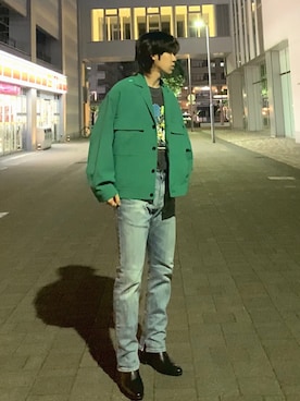「HARE（ハレ）のアイテム（その他アウター、グリーン系）」を使った、junpepemopさん（メンズ・172cm）の春コーディネート