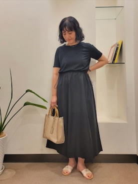「FORK&SPOON（フォークアンドスプーン）のFORK&SPOON　ドッキングワンピース（ワンピース、ブラック系）」を使った、浪口　絵美さん（レディース・164cm）の夏コーディネート