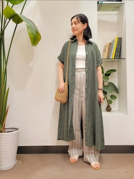「ストライプパンツ」｜「アイテム（ワンピース/ドレス）」を使った、emiinamiiさん（レディース・164cm）の春コーディネート