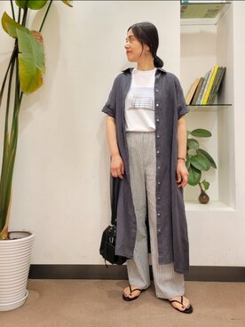 「ストライプパンツ」｜「アイテム（ワンピース/ドレス）」を使った、emiinamiiさん（レディース・164cm）の夏コーディネート