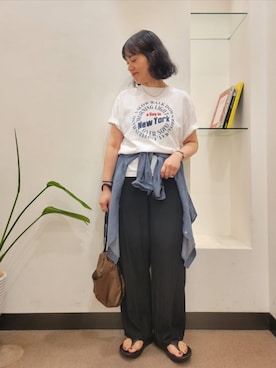 「BAICYCLON by Bagjack（バイシクロン バイ バグジャック）のBAICYCLON　EXCLUSIVE DRAW STRING BAG（ショルダーバッグ、ブラウン系）」を使った、浪口　絵美さん（レディース・164cm）の夏コーディネート