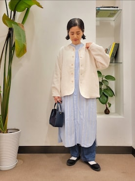 「シャツワンピ」｜「アイテム（ノーカラージャケット）」を使った、emiinamiiさん（レディース・164cm）の冬コーディネート