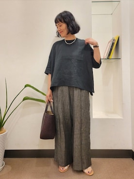 「アイテム（トートバッグ、ブラウン系）」を使った、浪口　絵美さん（レディース・164cm）の夏コーディネート