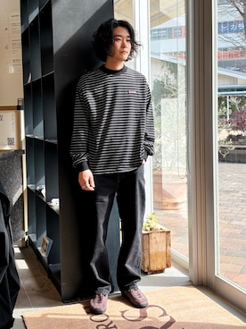 「URBAN RESEARCH（アーバンリサーチ）のLOTTO　FINE BORDER LONG-SLEEVE T-SHIRTS（Tシャツ/カットソー、ブラック系）」を使った、takuさん（メンズ・175cm）の冬コーディネート