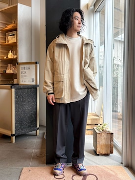 「URBAN RESEARCH DOORS（アーバンリサーチドアーズ）の『別注』Snow Peak Apparel×DOORS　NYLON WASHER PARKA（マウンテンパーカー、ベージュ系）」を使った、takuさん（メンズ・175cm）の冬コーディネート