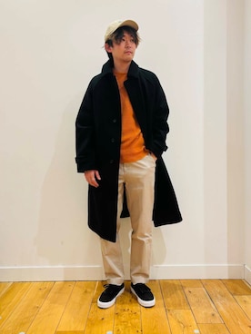 「アイテム（ステンカラーコート）」を使った、teeさん（メンズ・175cm）の冬コーディネート
