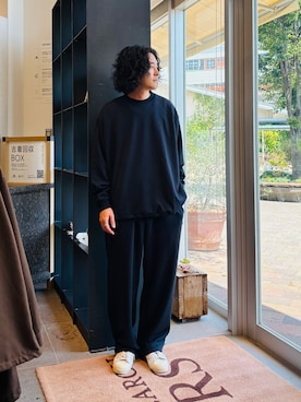 「TOHA（トハ）のリカバリーウェアカットソー長袖/ロングパンツ（ルームウェア/パジャマ、ブルー系）」を使った、takuさん（メンズ・175cm）の夏コーディネート