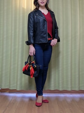 「ニット/セーター」｜「アイテム（ライダースジャケット）」を使った、Kanon1008さん（レディース・170cm）の秋コーディネート