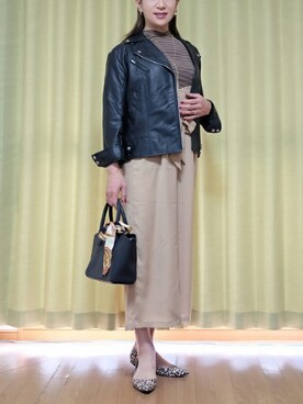 「ボーダーニット」｜「アイテム（ライダースジャケット）」を使った、Kanon1008さん（レディース・170cm）の秋コーディネート