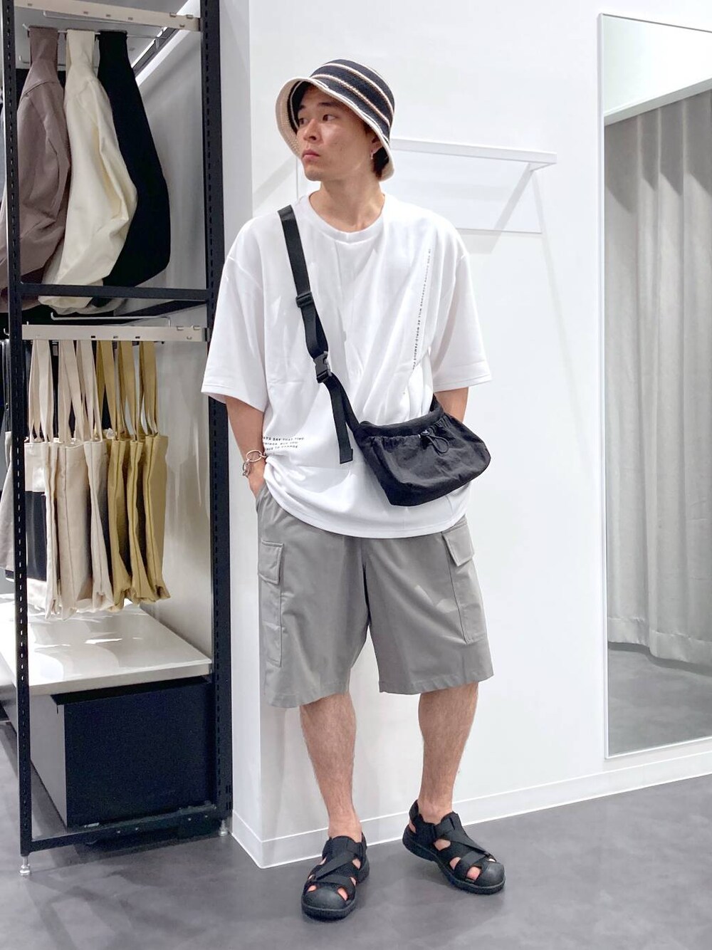 ブラック系のサンダル、ホワイト系のTシャツ/カットソー、ブラック系のショルダーバッグを着用したメンズの夏コーディネートの1枚目の写真