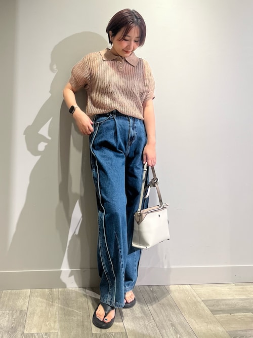 サイドライン タック ワイド ハイウエスト デニムパンツ（デニムパンツ