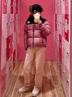 「アイテム（ダウンジャケット/コート、ピンク系）」を使った、みーこさん（レディース・154cm）の冬コーディネート