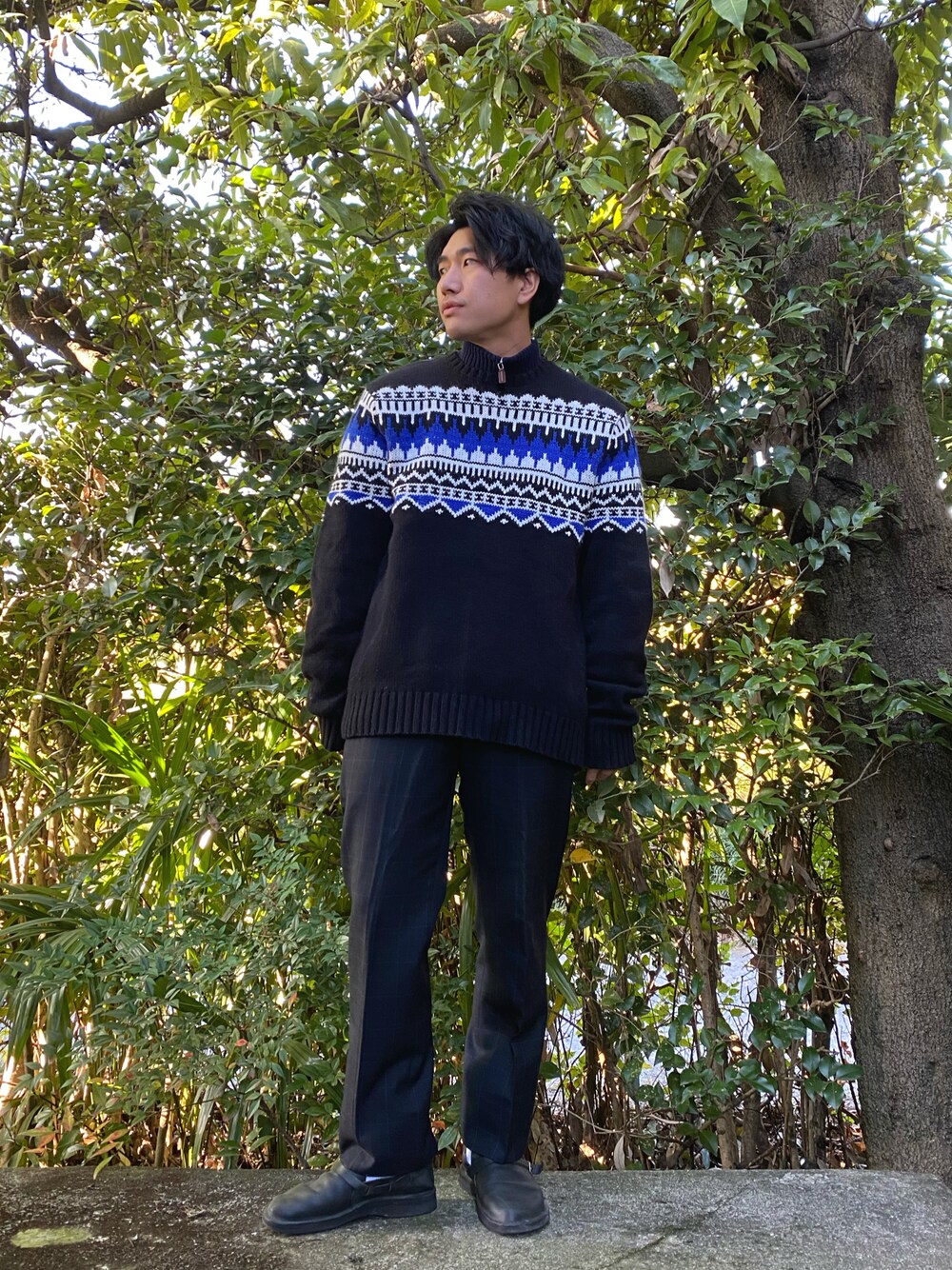 「ラルフローレン、ニット、ニットコーデ、ノルディック柄、オトナカジュアル、古着MIX、きれいめ古着、秋冬コーデ、やさしい気持ち、オーロラシューズ、スラックス」｜「VINTAGEのアイテム（スラックス、ブラック系）」を使った、MAKO【相互フォロー大歓迎】さん（メンズ・168cm）の秋コーディネートの1枚目の写真