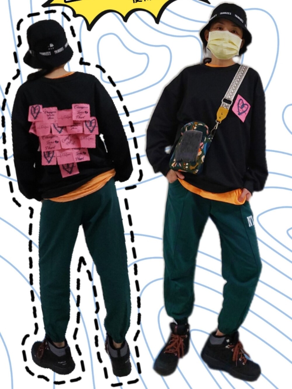 「ootd、街頭穿搭、休閒、運動搭配、漁夫帽、oversize、boots、note」｜「MLBのアイテム（帽子、ブラック系）」を使った、Emma Huangさん（レディース・158cm）の秋コーディネートの1枚目の写真