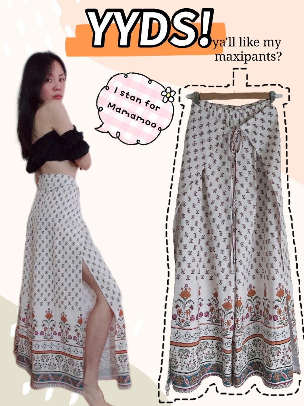 「maxi pants、bohemians、bohochic、boho」｜「made myself のアイテム（パンツ、ベージュ系）」を使った、Emma Huangさん（レディース・158cm）の秋コーディネートの1枚目の写真