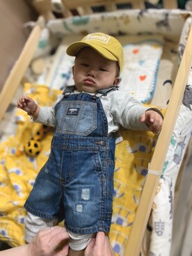 「アイテム（キャップ）」を使った、枕着茶香入眠さん（キッズ・70cm）の春コーディネート
